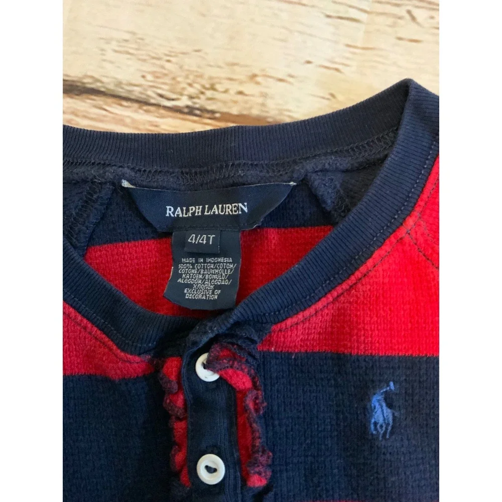 Ralph Lauren Girls 4T Red Navy Blue Striped Ruffle Henley Waffle Knit  Long Slv